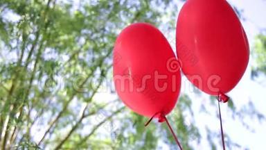 氦气球在树木和天空的背景上<strong>扎心</strong>